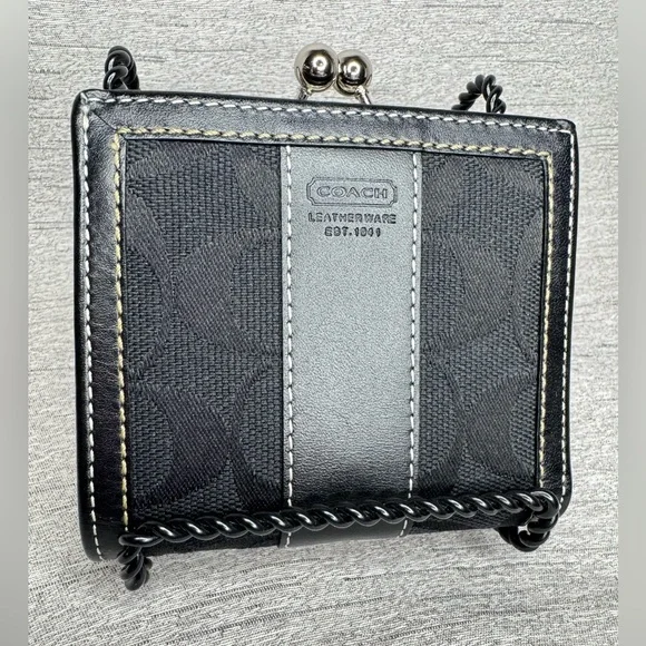 Coach Black Leather Signature Mini Wallet w/ Kisslock & Bi-Fold Snap Closure - Picture 13 of 15